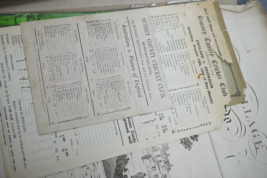 Sporting mostly cricketing ephemera, including a red Grand Prix 1948 pit attendant ticket, ticket 22cm wide. Condition - mixed poor to fair